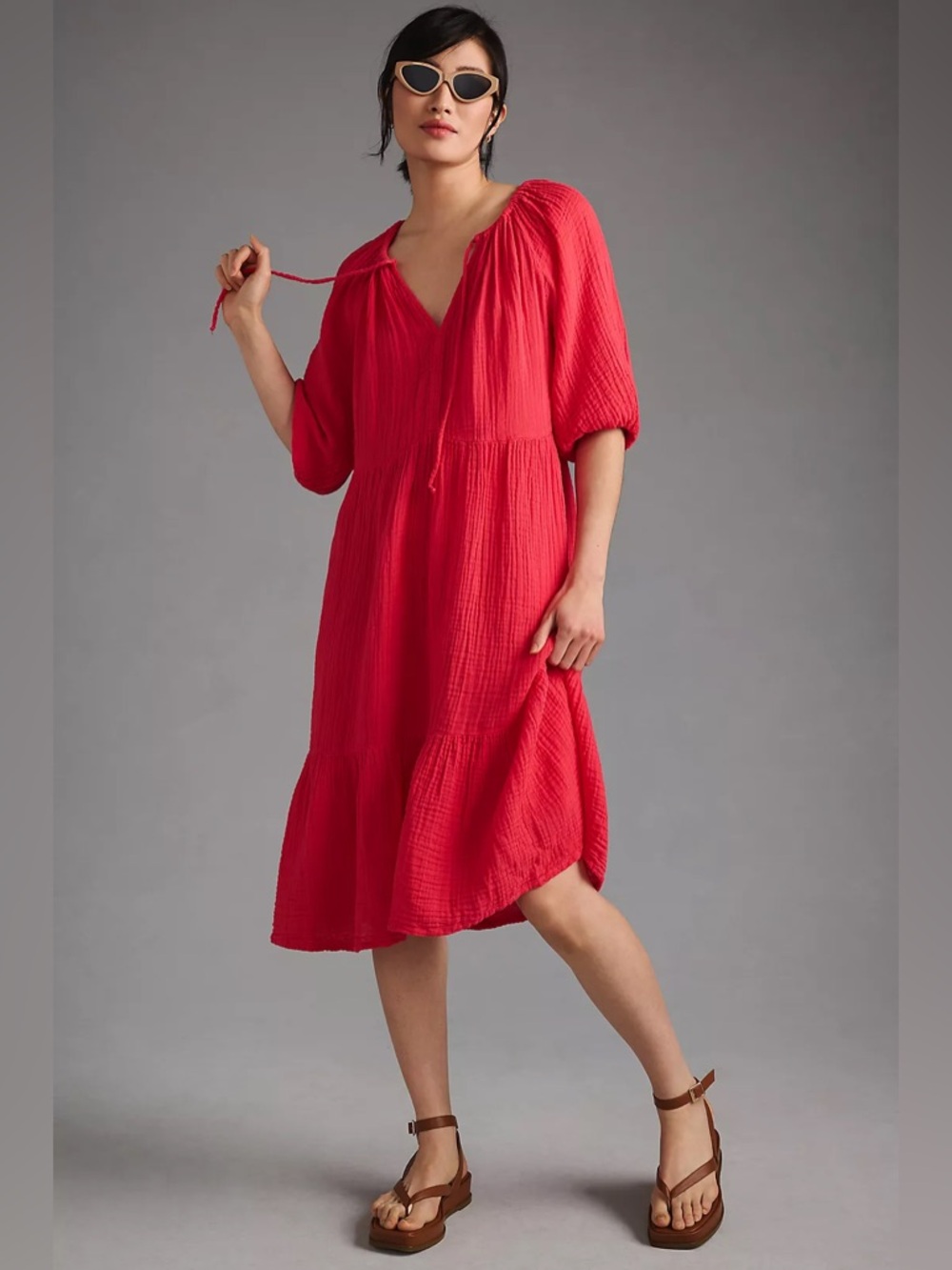 Sundry Tiered Gauze V-Neck Dress In Poppy Size Small